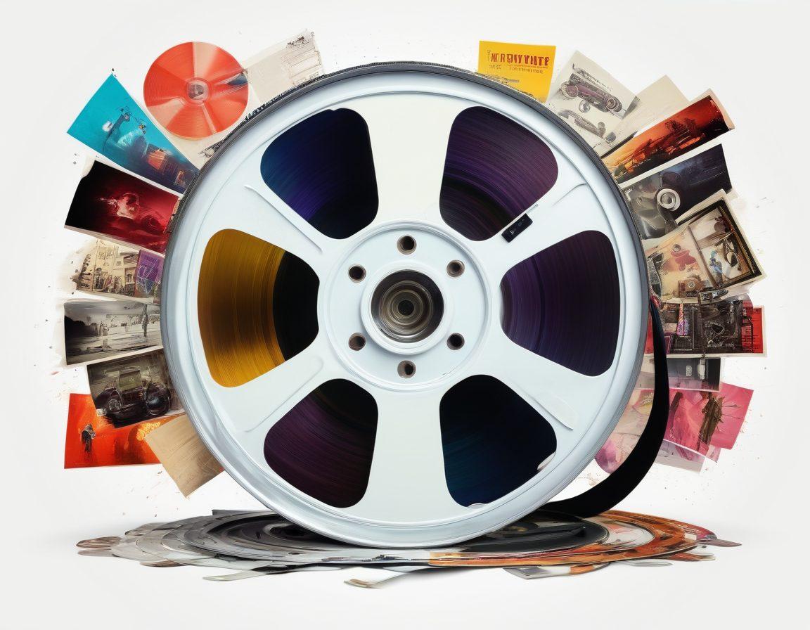 A vintage film reel unraveling, transitioning into a modern streaming interface, with rare movie posters of indie films blending into the background. The scene is filled with splashes of vibrant colors symbolizing the shift from traditional to digital. Include elements of both classic film equipment and contemporary tech devices to depict the evolution clearly. surreal art style. vibrant colors. white background.
