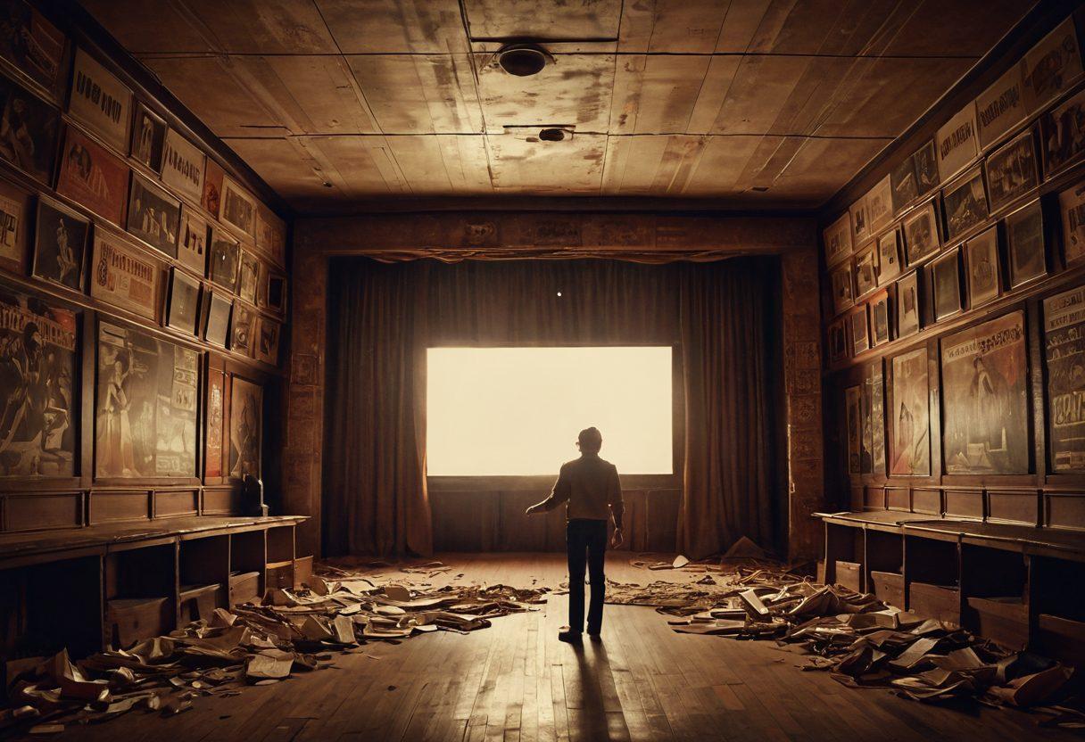 A mesmerizing collage capturing the essence of forgotten films, showcasing vintage movie reels, faded film posters, and iconic scenes from alternative cinema. In the foreground, an adventurous film enthusiast is curiously exploring an old cinema hall filled with dusty memorabilia, while ethereal shadows of classic film characters dance around. The color palette should evoke nostalgia with warm sepia tones and a hint of vibrant colors shining through the cracks. cinematic art, surrealism, vintage style.